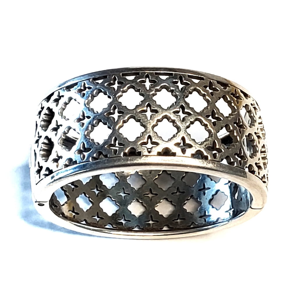 Brighton Wide Hinged Silver Tone Cut-Out Design Cuff Bangle